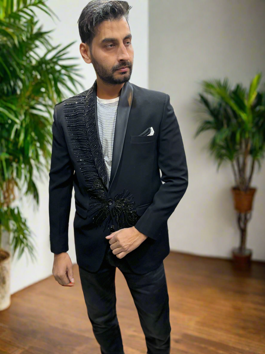Front view of Men's Black Handcrafted Cut Dana Work Shawl Lapel Tuxedo Suit - KPH Outfits