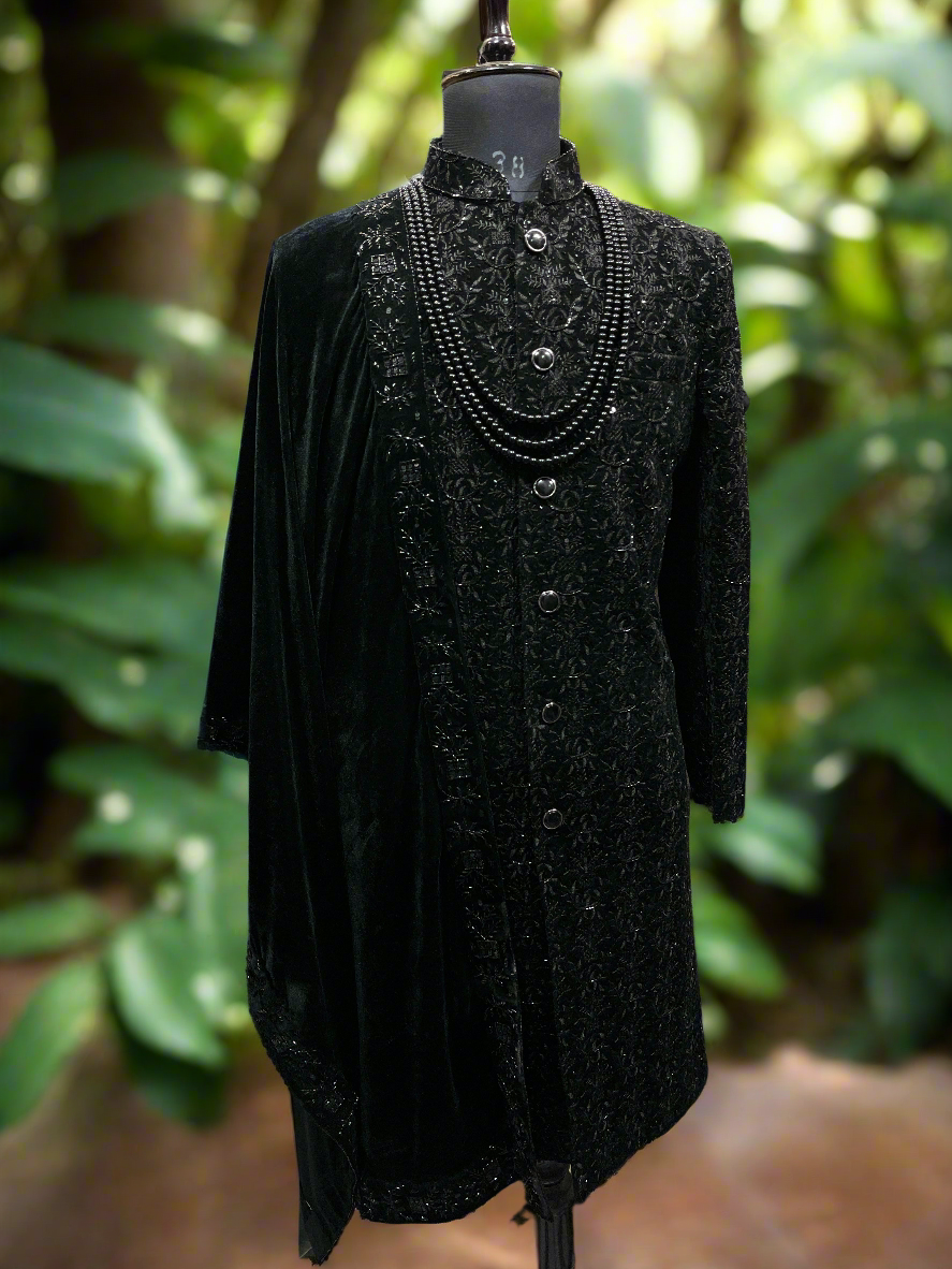 Front view of Men's Black Handcrafted Cut Dana Work Sherwani Set - KPH Outfits