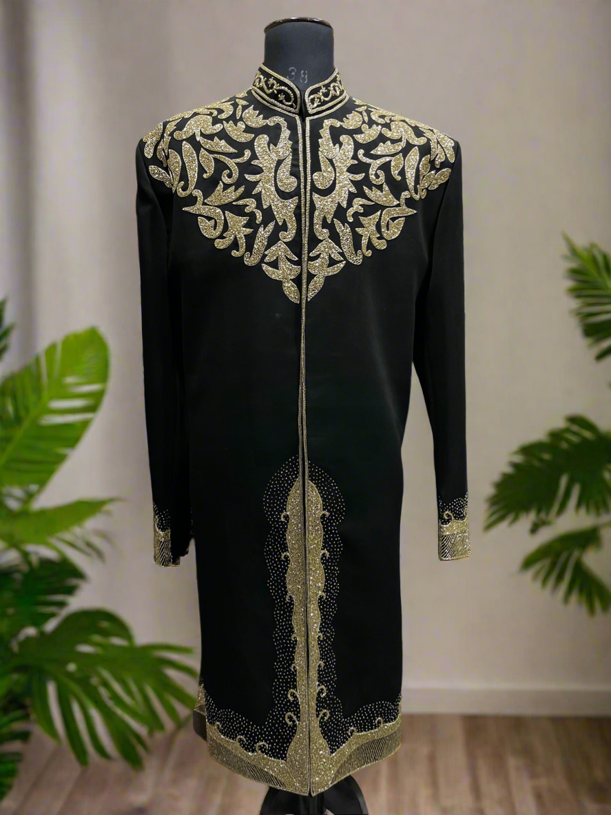 Front view of Men's Black Handcrafted Cut Work Sherwani Set - KPH Outfits
