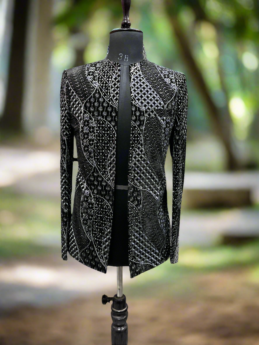 Front view of Men’s Black Open Designer Jodhpuri Set by Kph Outfits
