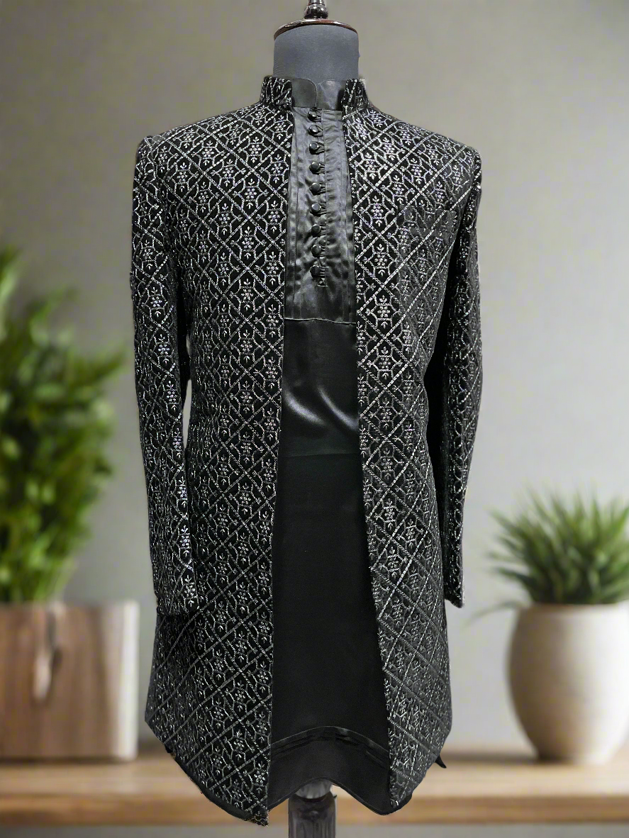 Front view of Men’s Black Open Indo-Western Set with exclusive jacket design
