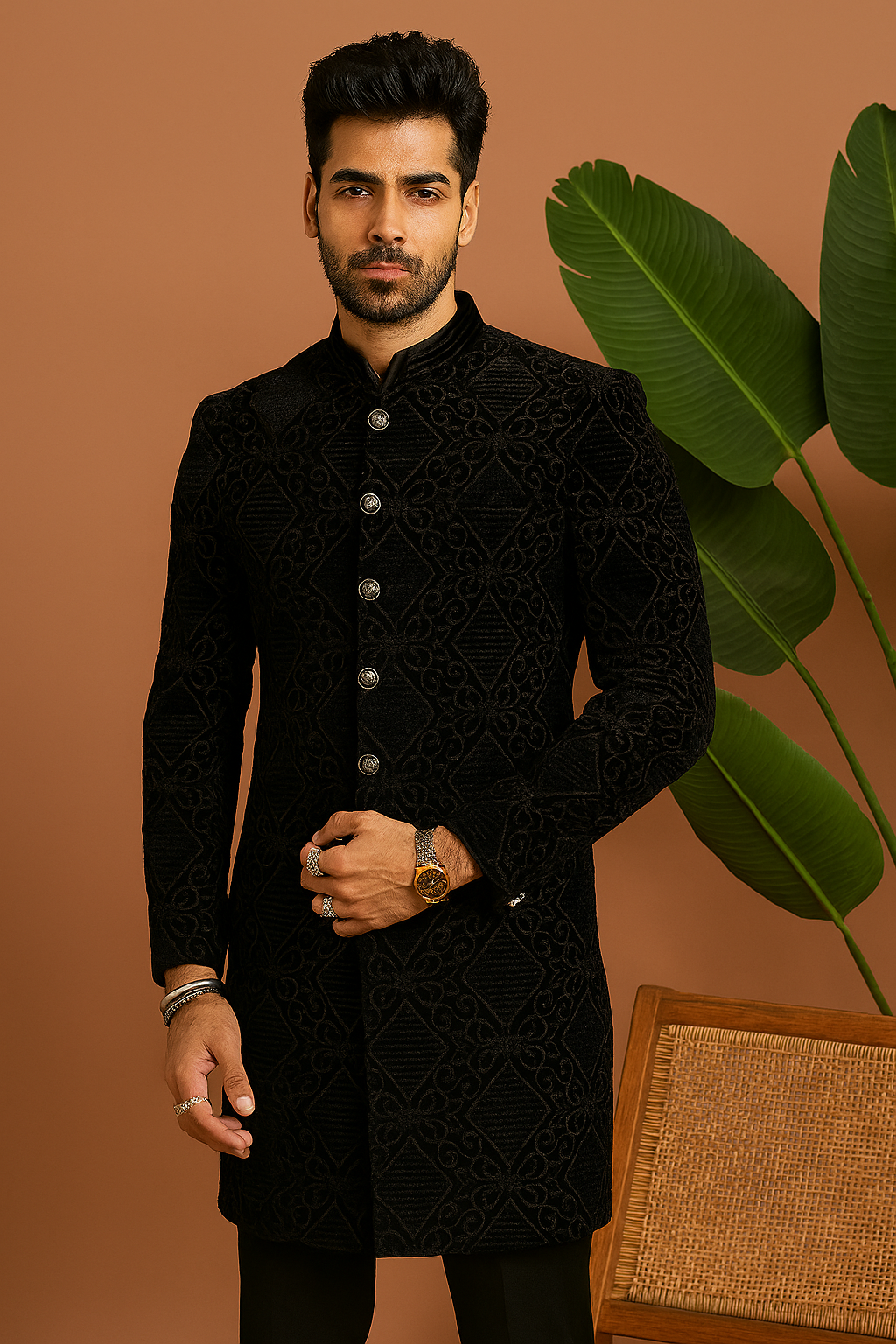 “Front view of Men’s Black Velvet Designer Indo-Western Set – Indo jacket with pant”