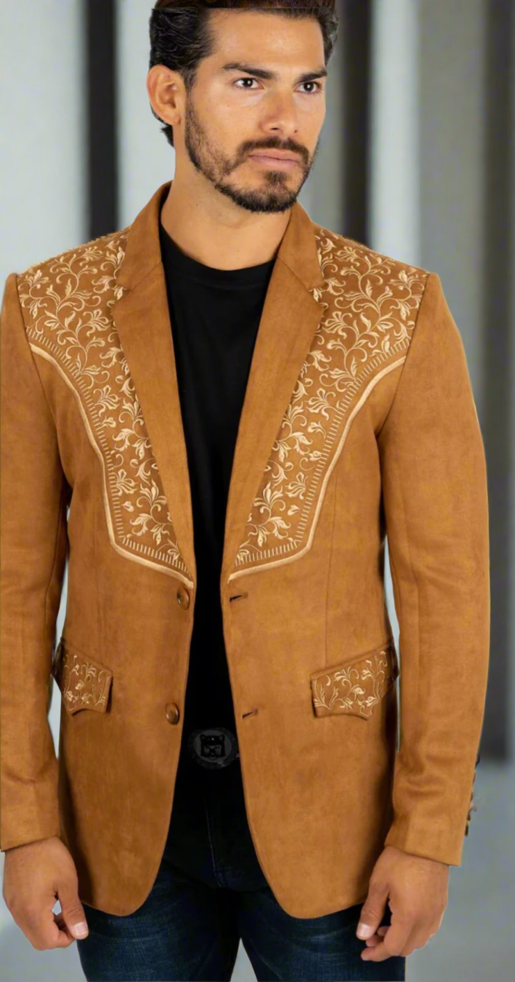 Front view of Men's Camel Embroidered Tuxedo Suit.
