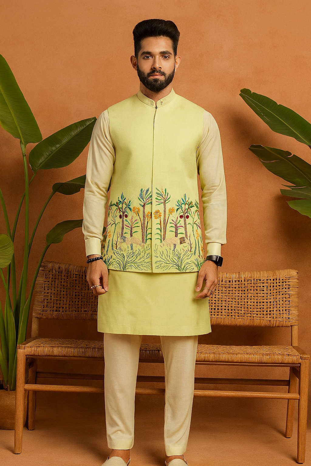 “Front view of Men’s Exclusive Designer Bundi Set – premium silk kurta pant with Bundi (koti)”