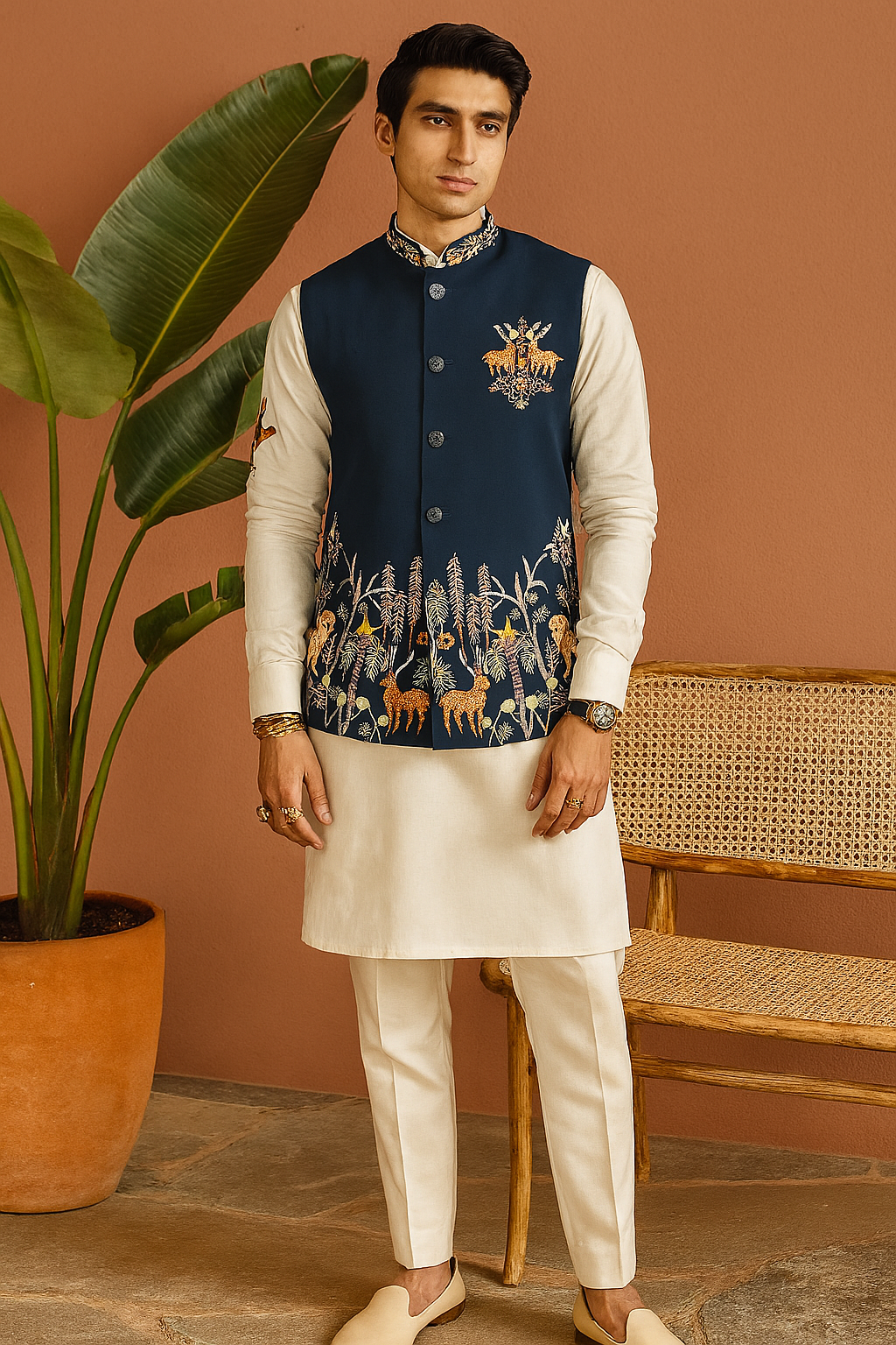 Front view of Men’s Exclusive Designer Navy Blue Bundi Set – premium silk kurta pant with navy bundi