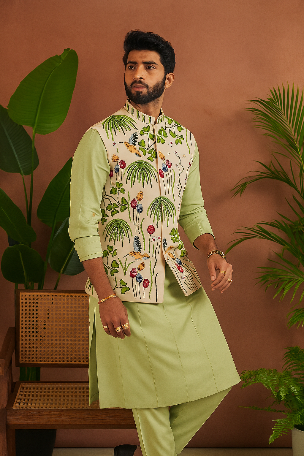 “Front view of Men’s Exclusive Designer Stylish Waistcoat Set – premium silk kurta pant with embroidered waistcoat”