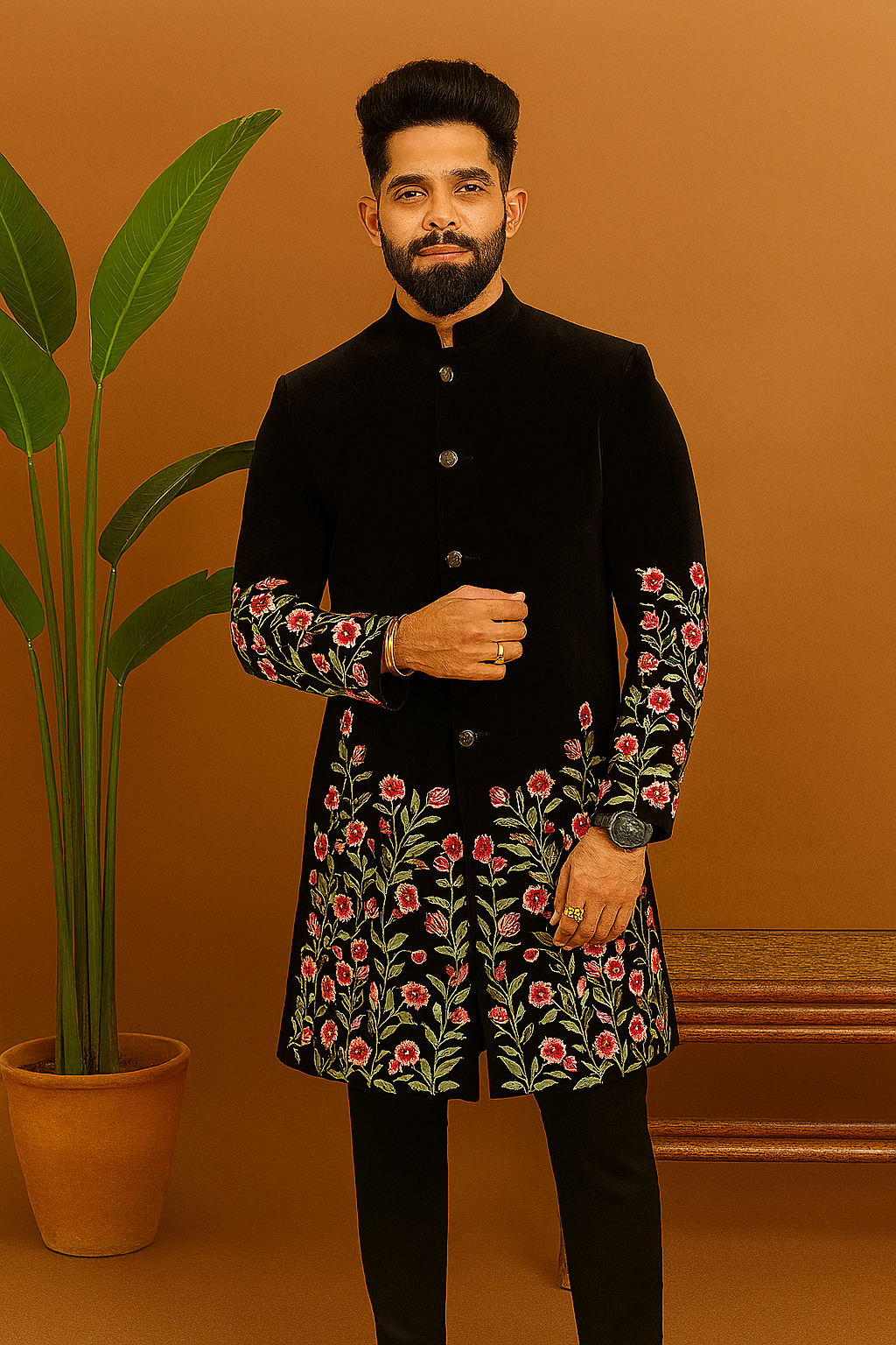 “Front view of Men’s Exclusive Multi-Colour Floral Embellished Indo-Western Set – Indo jacket with pant”