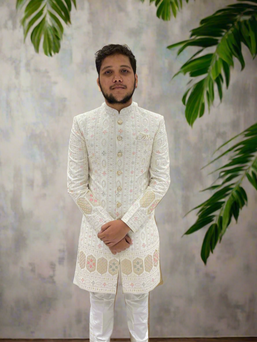 Front view of Men's Exclusive Silk Sherwani Set with embroidery details.
