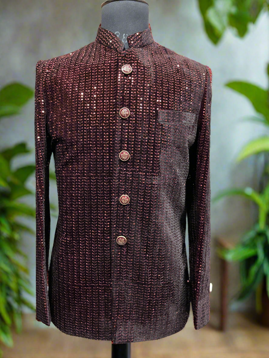 Front view of Men's Maroon Designer Bandhgala Jodhpuri Set.
