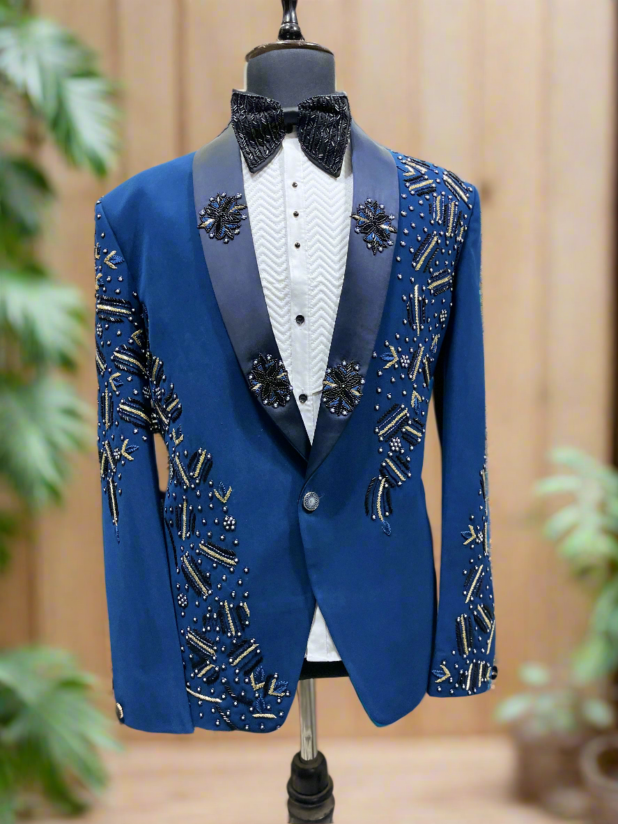 Front view of Men's Royal Blue Handcrafted Cut Work Tuxedo Suit - KPH Outfits