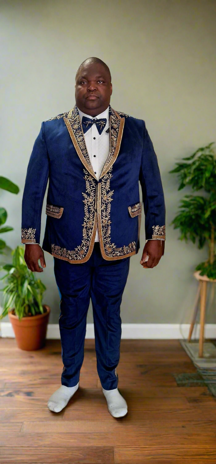 Front view of Men's Velvet Handcrafted Zardozi Work Tuxedo Suit - KPH Outfits