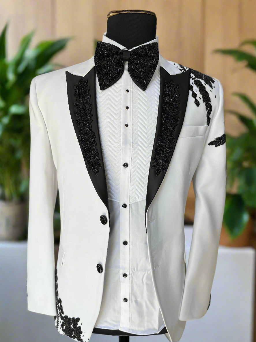 Front view of Men's White Handcrafted Cut Dana Work Peak Lapel Tuxedo Suit - KPH Outfits