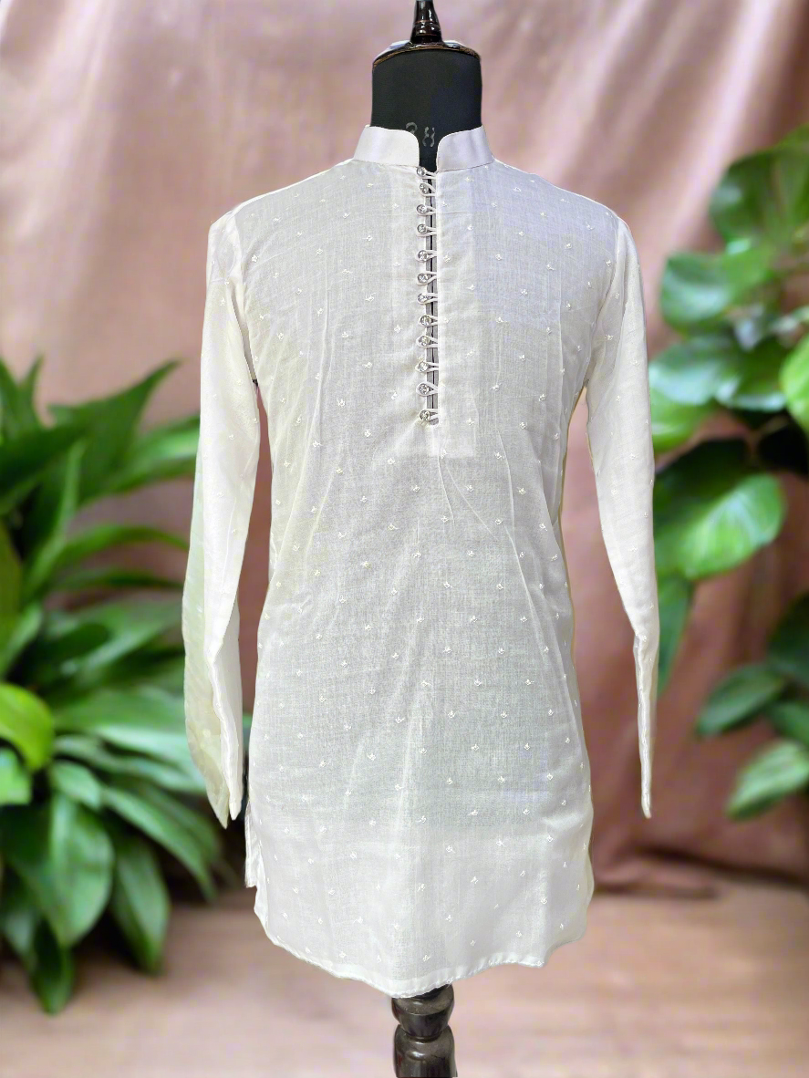 Front view of Men's White Summer Special Butti Kurta Set - KPH Outfits
