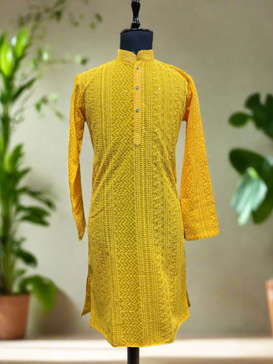 Front view of Men's Yellow Lakhnavi Haldi Special Kurta Set - KPH Outfits
