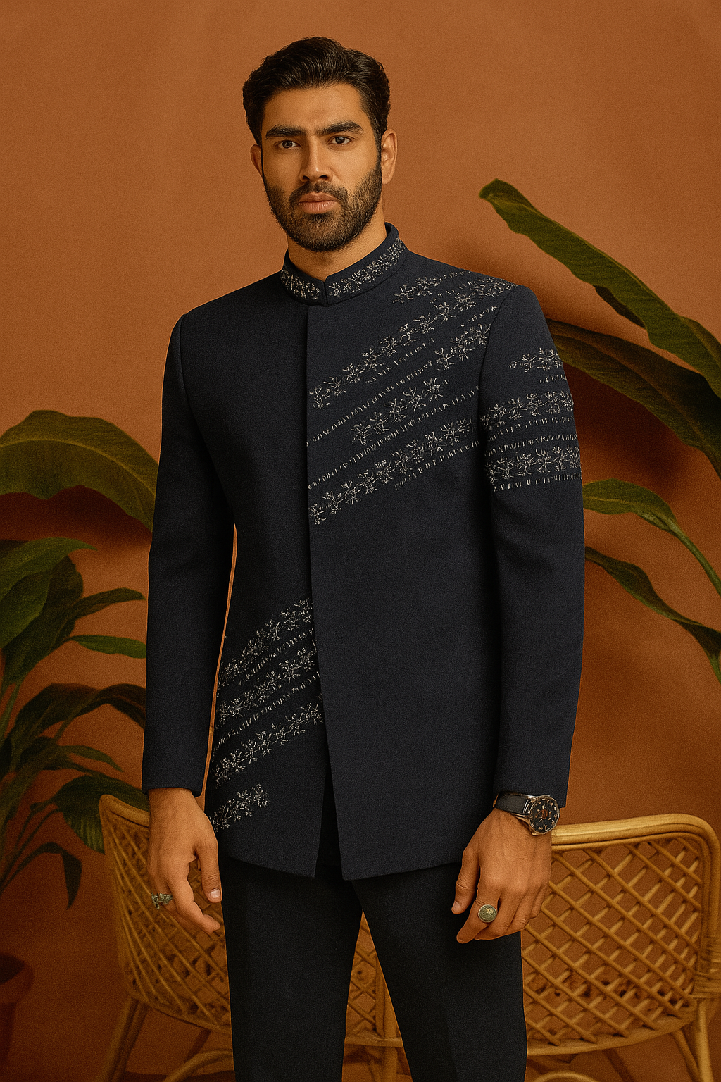 Front view of Navy Blue Cut Work Designer Jodhpuri Set for men
