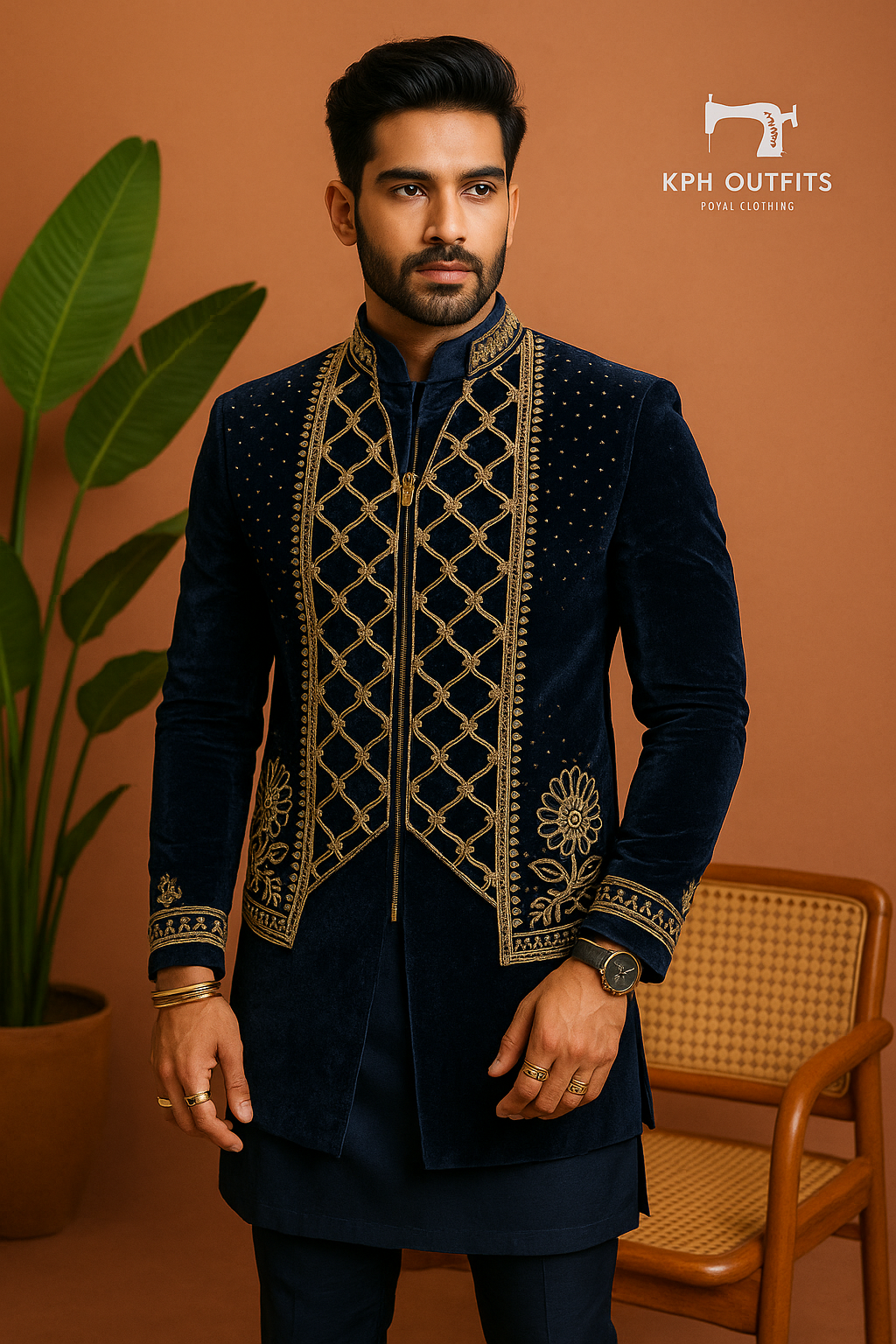 Front view of Navy Blue Jodhpuri Set with Gold Embroidery for Groom’s Sangeet