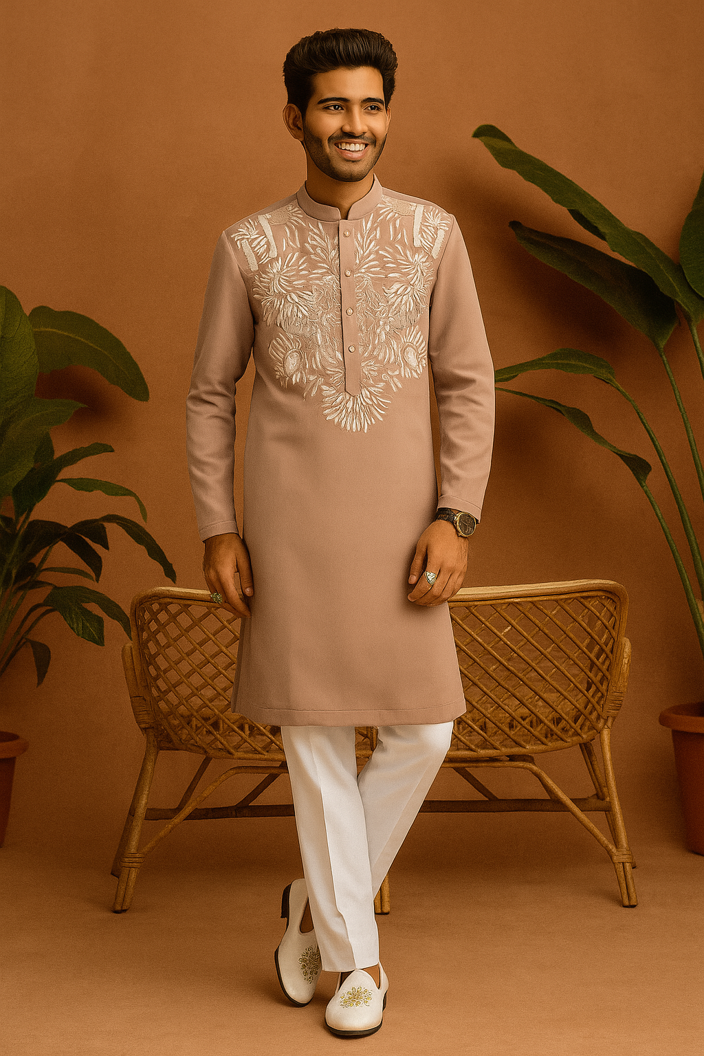 Front view of Peach Handcrafted Men’s Designer Kurta Set with embroidery
