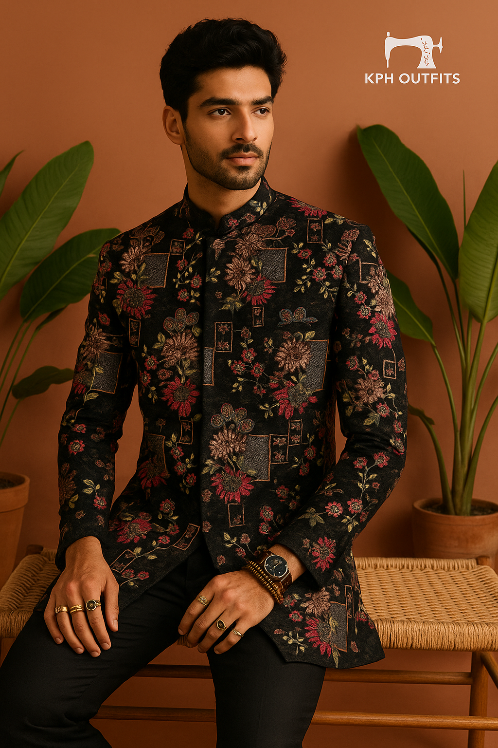 Front view of designer Indo-western suit for men