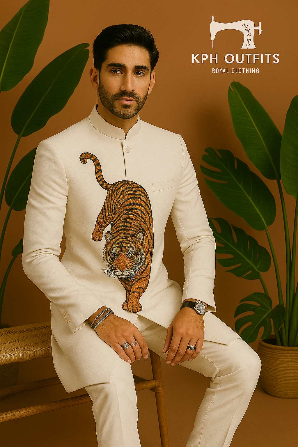Front view of designer tiger work sherwani for groom