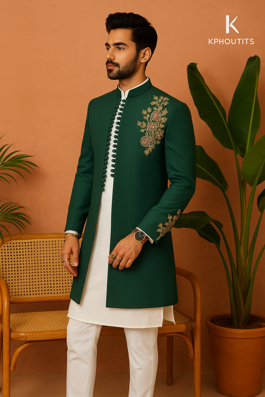 Front view of groom Mehndi Indo-Western set in silk fabric