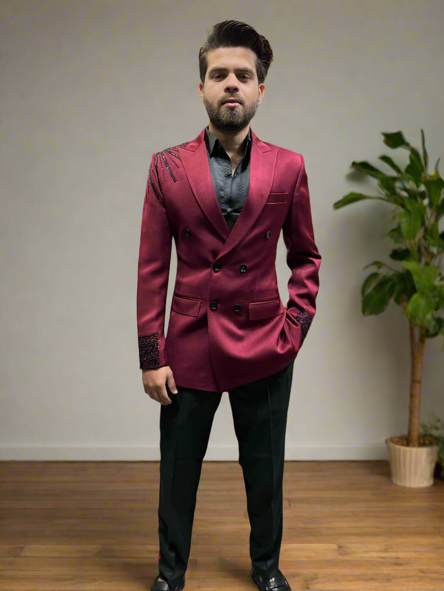 Front view of maroon double-breast tuxedo for men.
