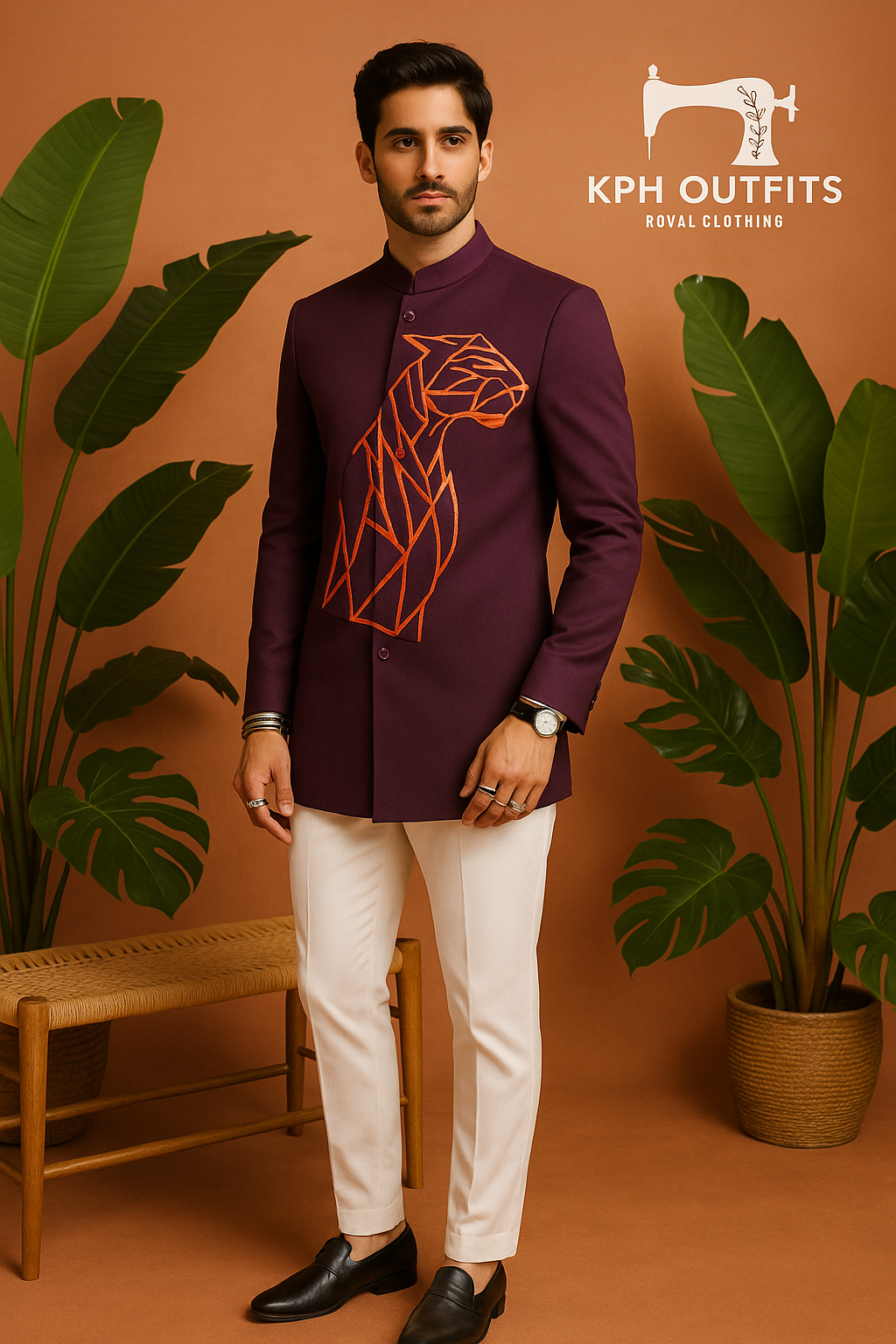 Front view of men’s exclusive designer bandhgala suit in premium Japanese fabric