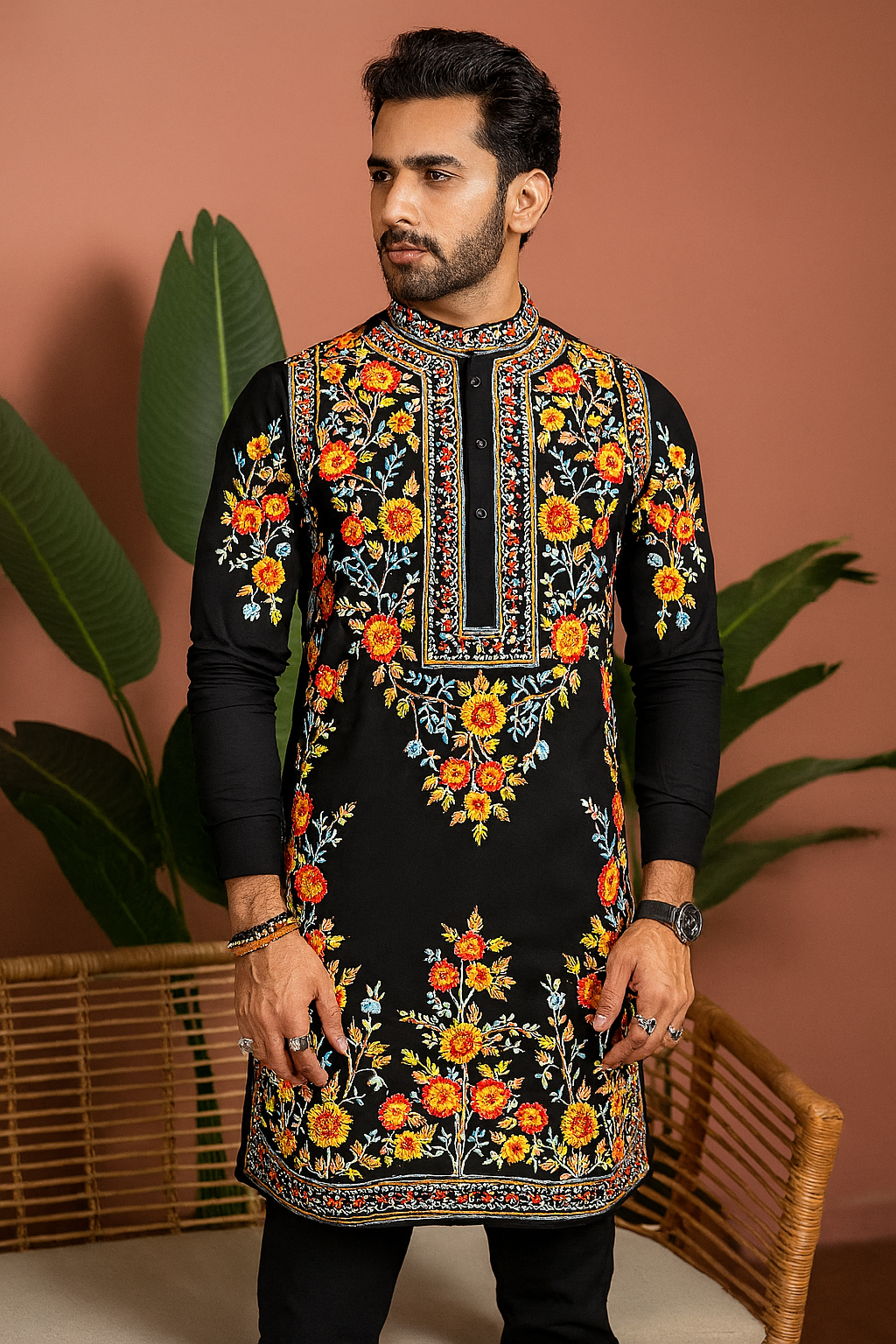 Front view of men’s multi-colour floral embellished Japanese fabric designer kurta set
