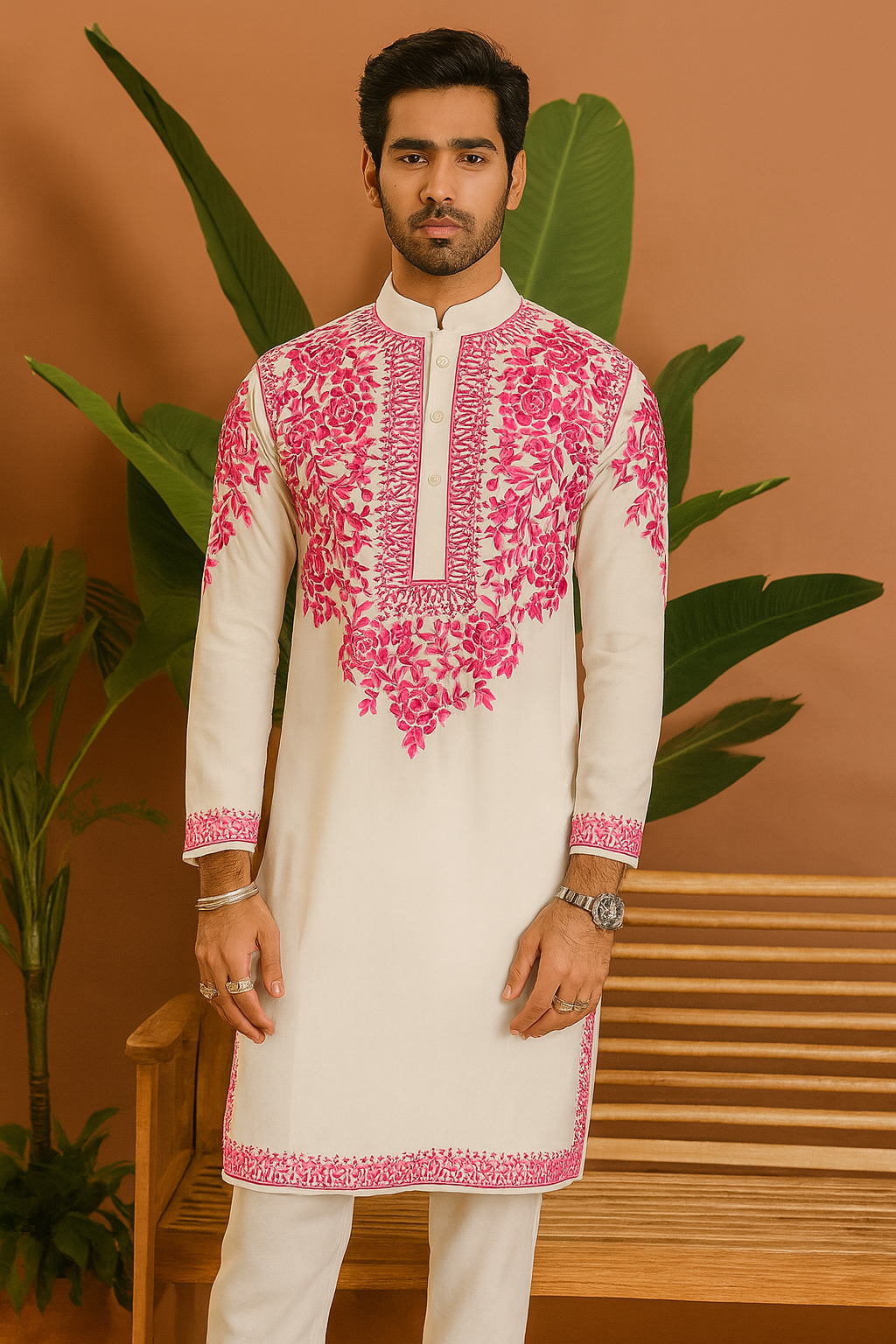 Front view of men’s white & pink embellished designer kurta set in Japanese fabric