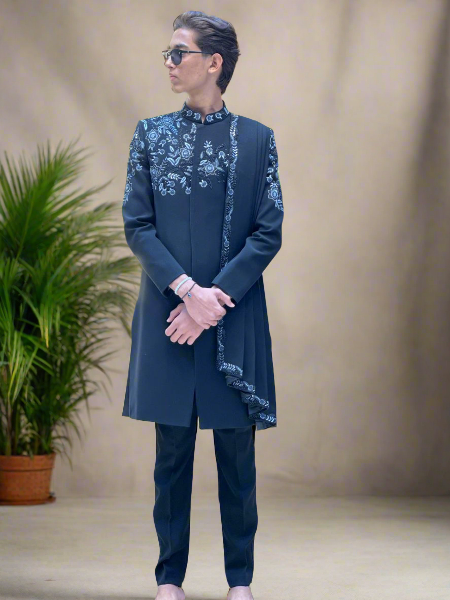 Full-length View of Men’s Black Draper Handcrafted Indo-Western Ensemble
