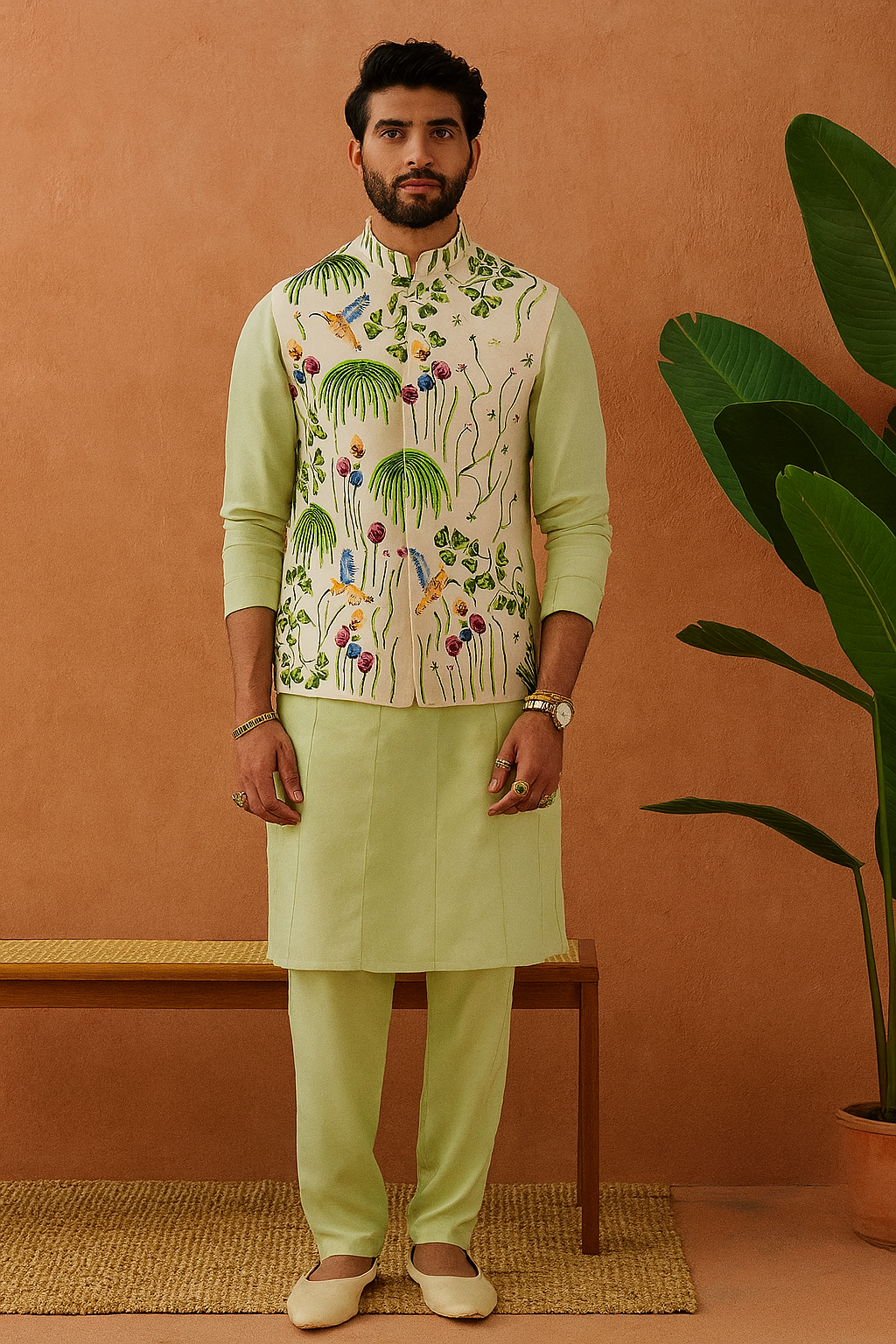 “Full-length image of Men’s Exclusive Designer Stylish Waistcoat Set – handcrafted kurta pant and waistcoat (koti)”