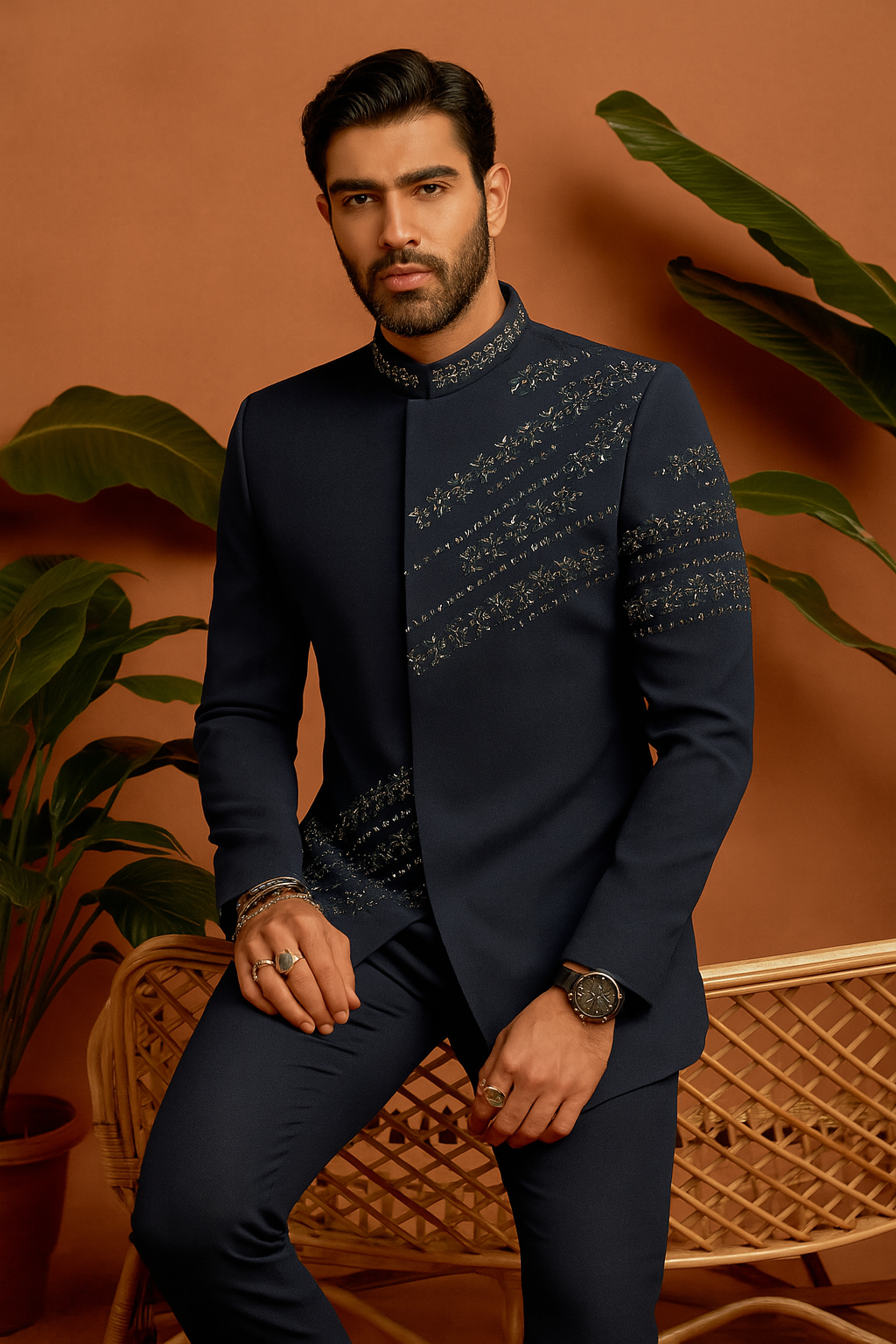 Full-length side pose in Navy Blue Armani Japanese Jodhpuri Set