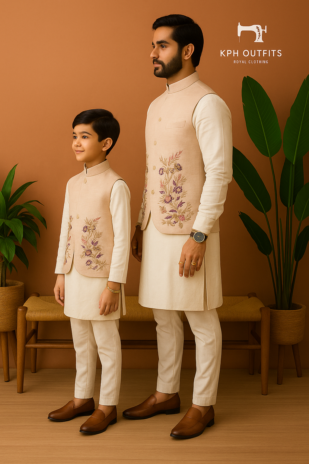 Full-length side view of Father & Son Matching Waistcoat Outfit