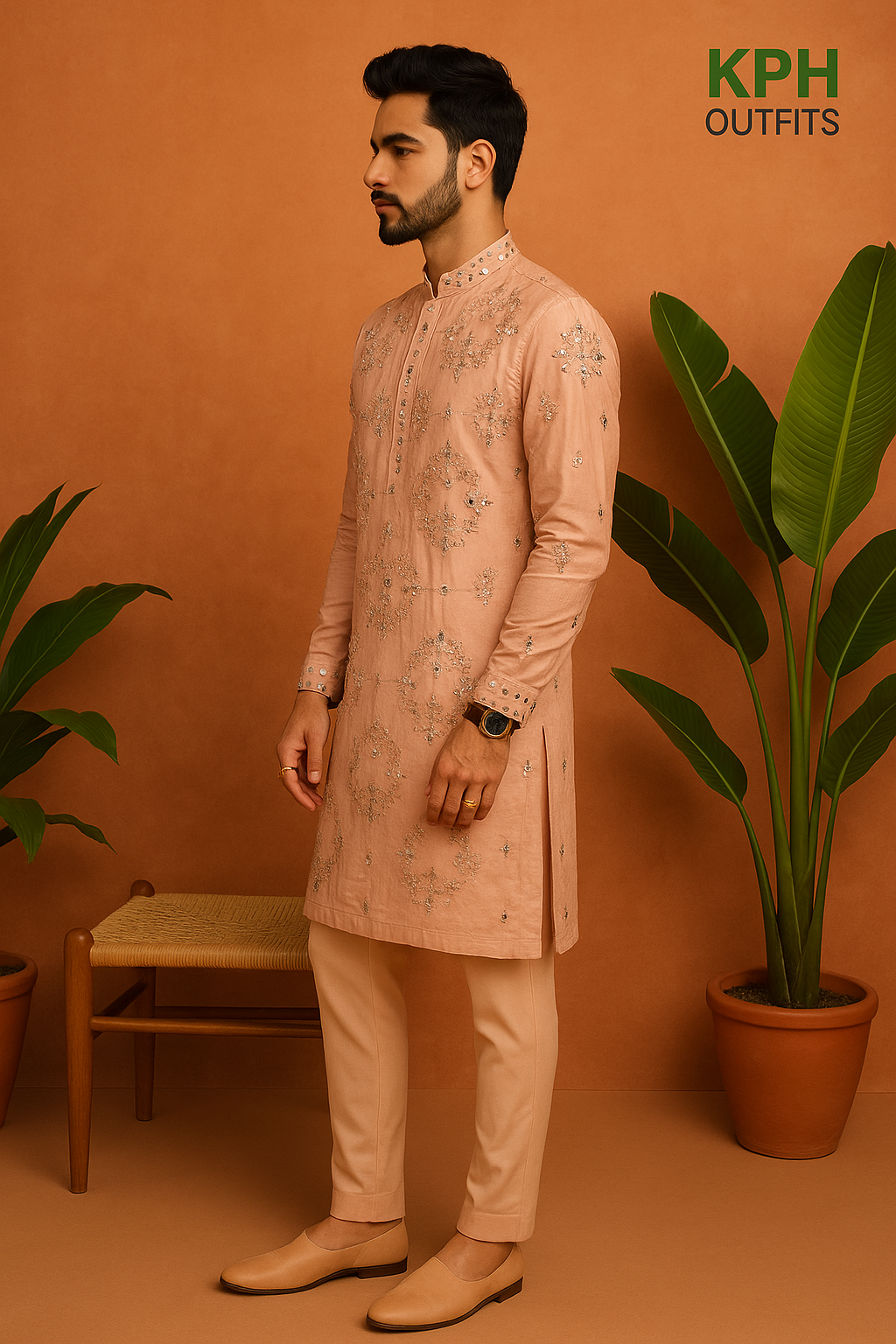 Full body image of peach mirror embellished kurta set