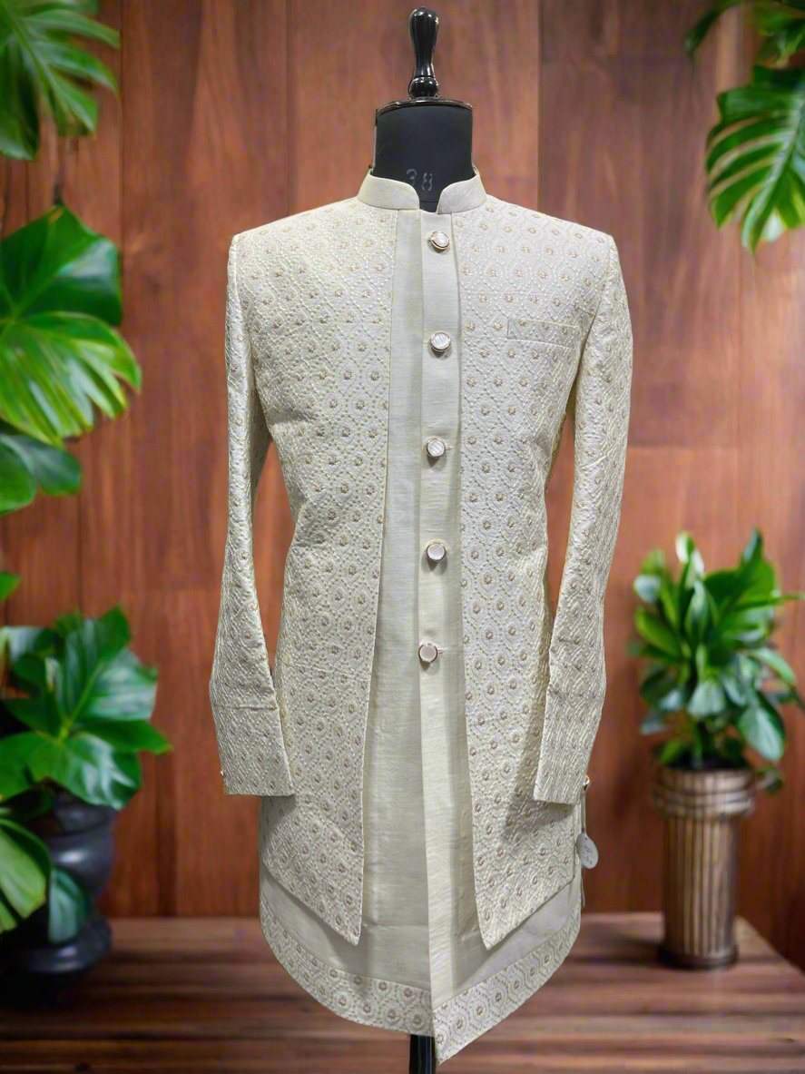 Full view of Men's Ivory Semi Indo-Western Silk Set.

