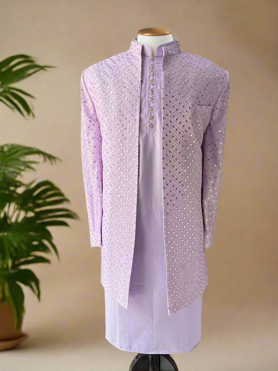 Full view of Men's Lavender Indo-Western Set.
