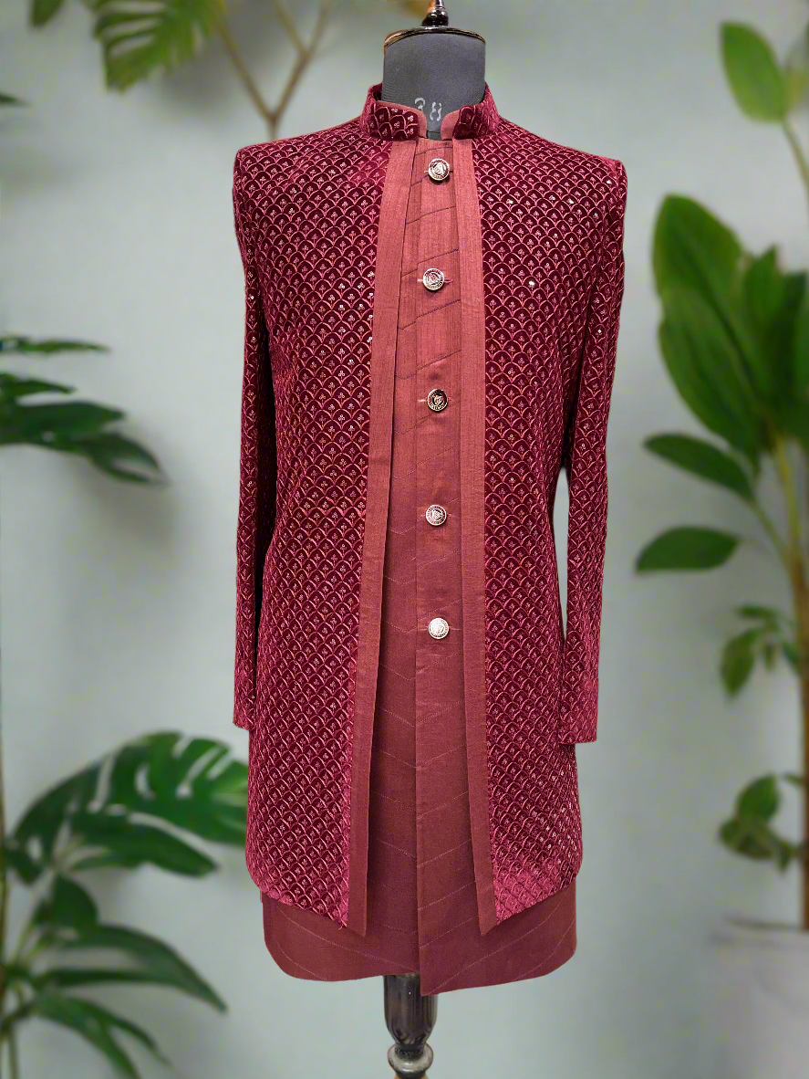 Full view of Men's Maroon Open Indo-Western Set.
