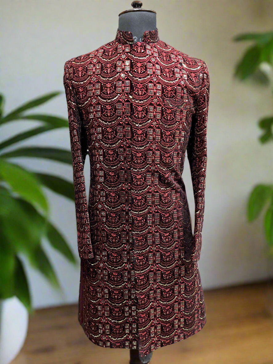 Full view of Men's Maroon Velvet Indo-Western Sherwani set.
