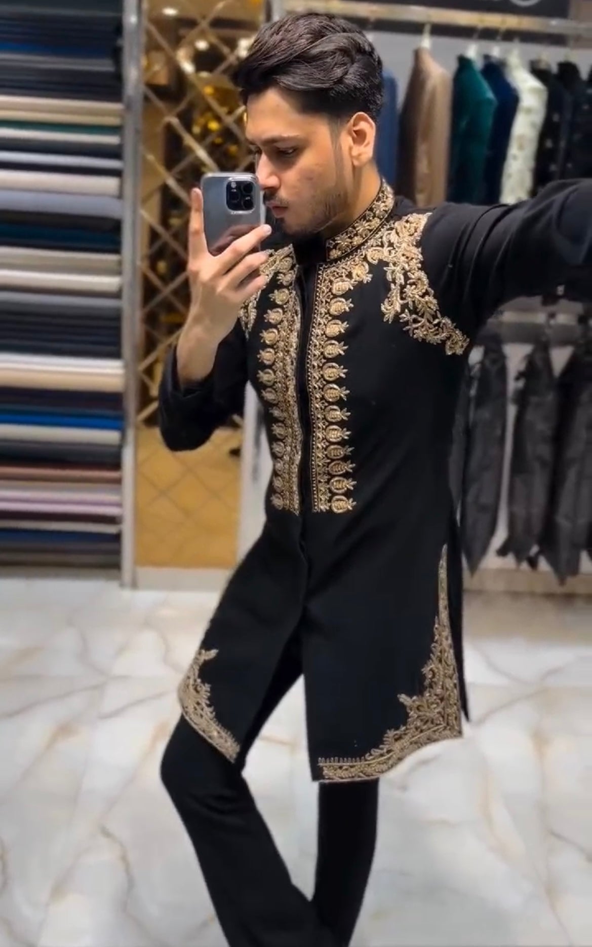 Full view of Sherwani-inspired kurta with zipper-style pants.