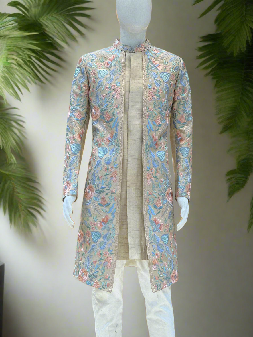 Full view of the Multi-Color Thread Embroidery Indo-Western outfit.
