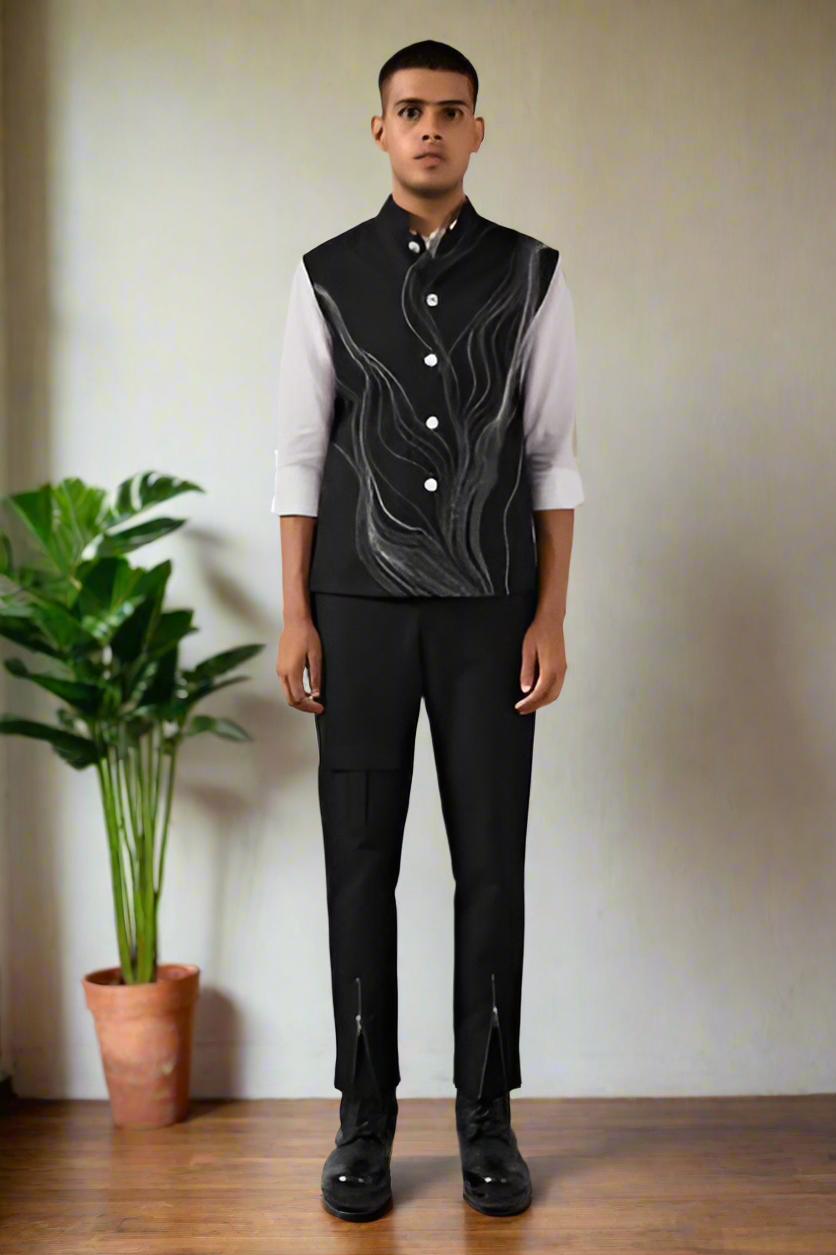 Full view of three-piece formal Nehru jacket outfit
