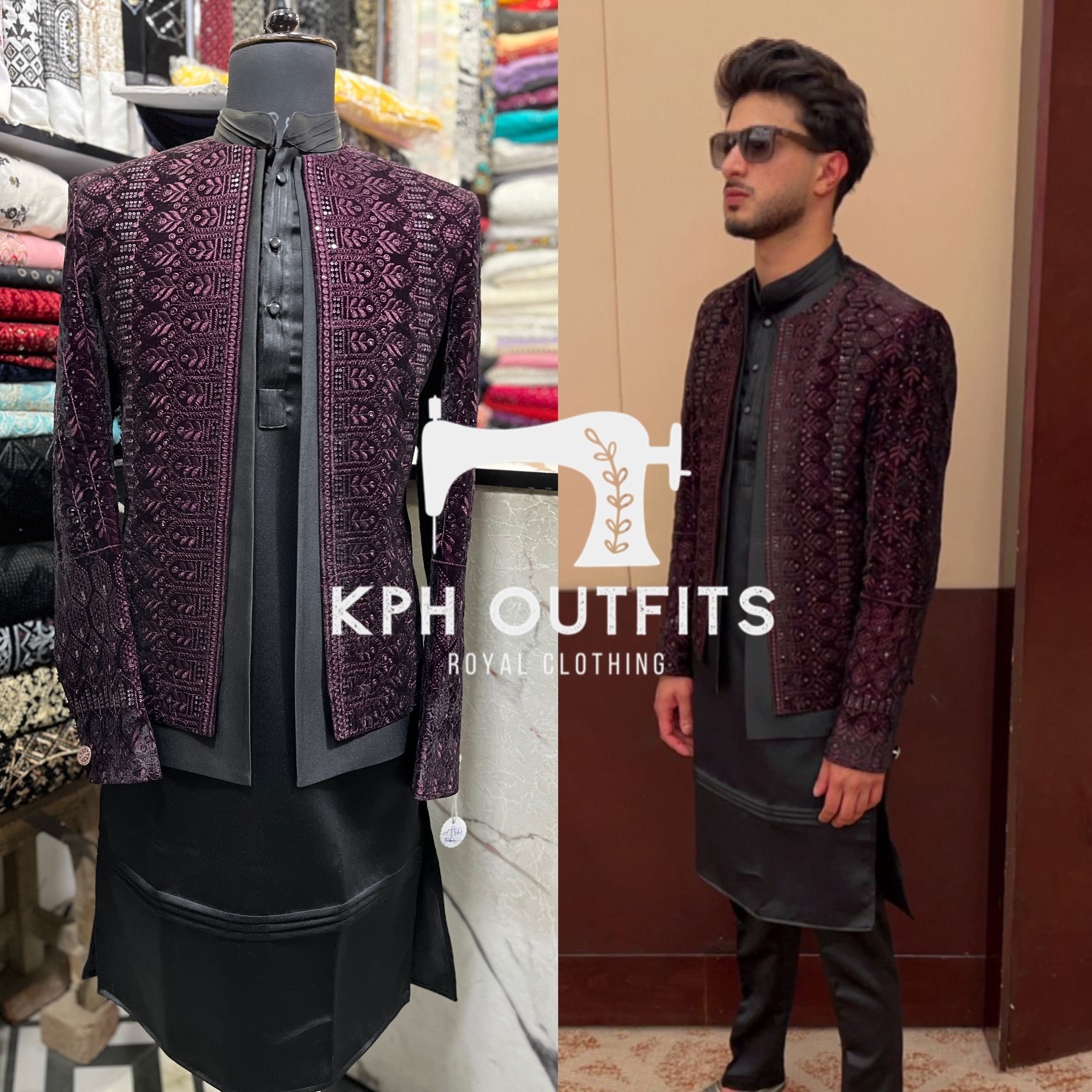 Full view of wine-colored ethnic outfit with double-layer shrug.
