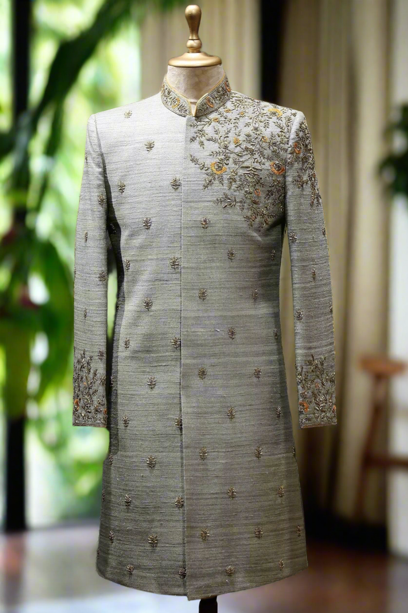 Gray handcrafted silk sherwani with tailored pant