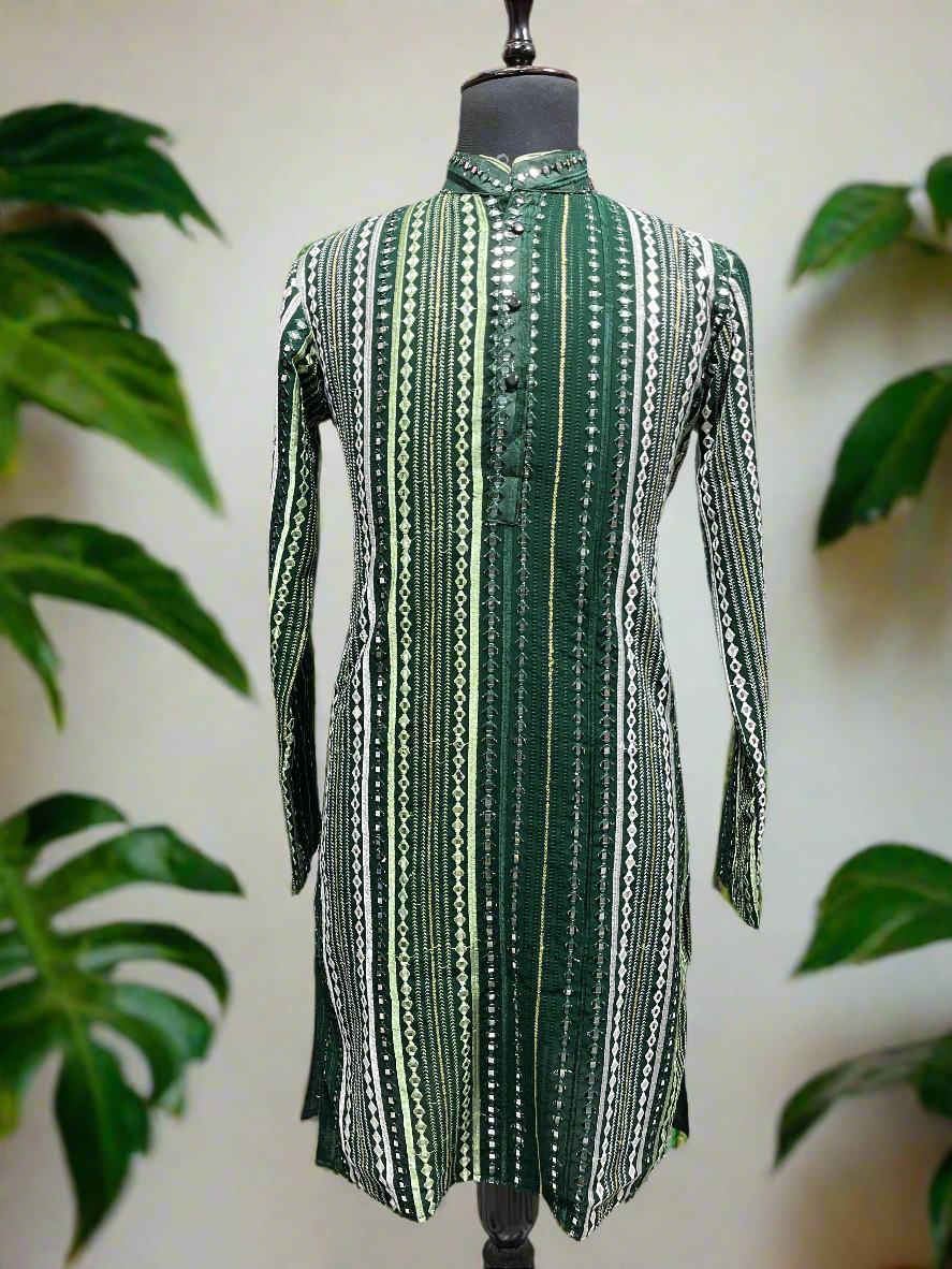 Green Mirror Work Mehndi Ceremony Kurta for Men
