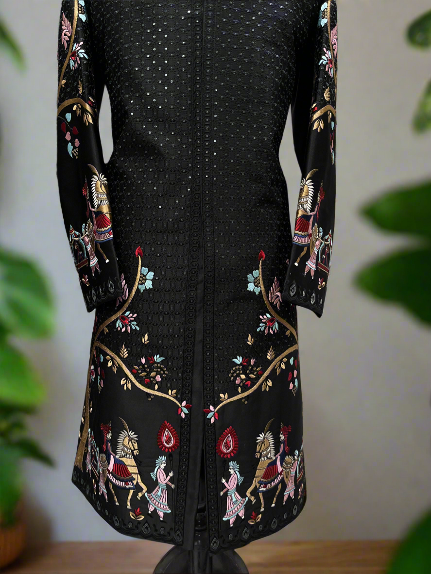 Groom's black multi-color embroidered traditional sherwani