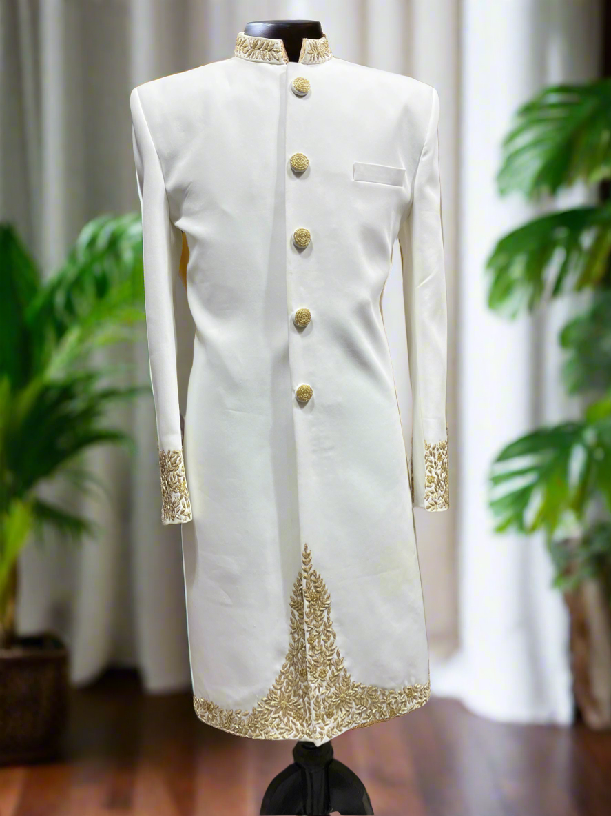 Groom's ivory handcrafted designer outfit with zipper-style closure