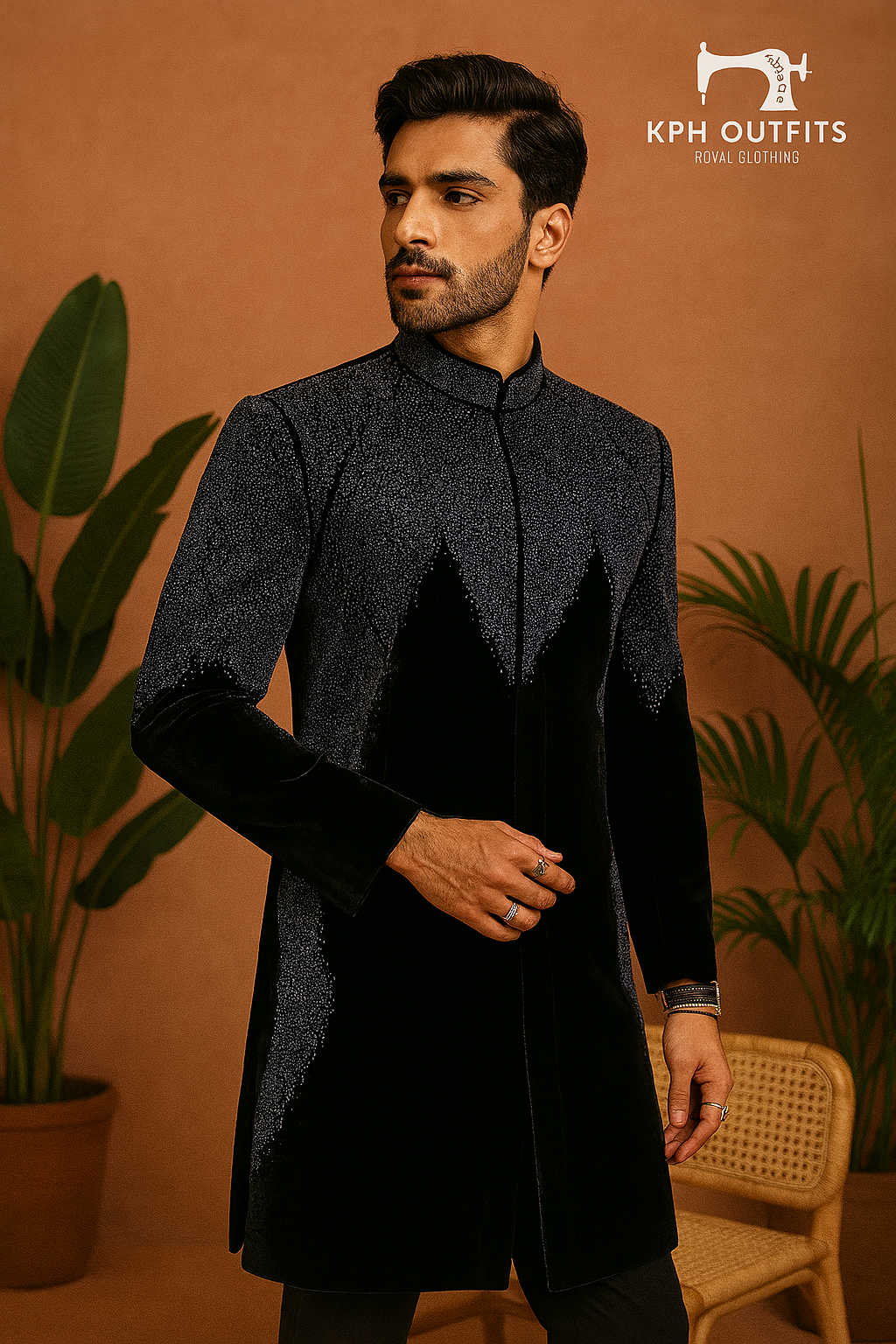 Groom wearing Black Velvet Sherwani with bead detailing