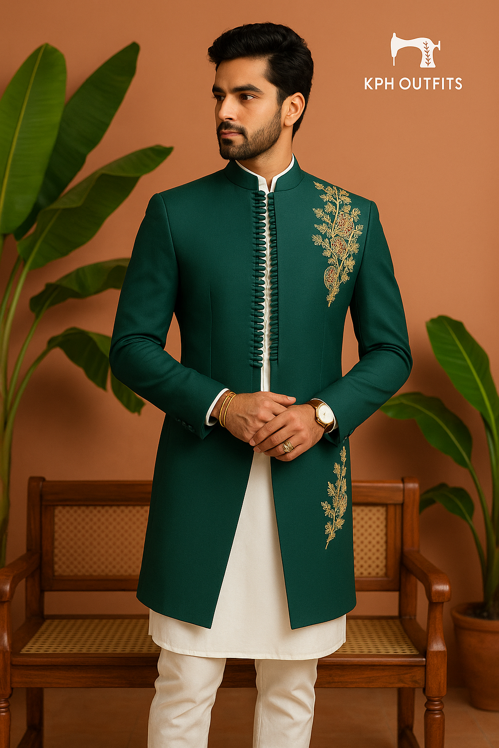Groom wearing Mehndi Special Zardosi Indo-Western Set with silk jacket