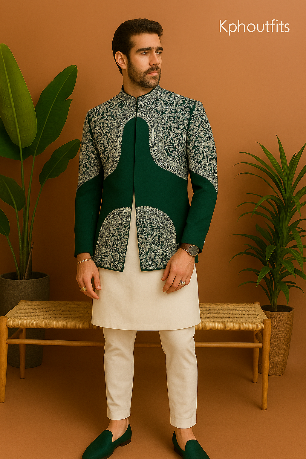 Groom wearing Men’s Exclusive Mehndi Jodhpuri Set in green intricate detailing