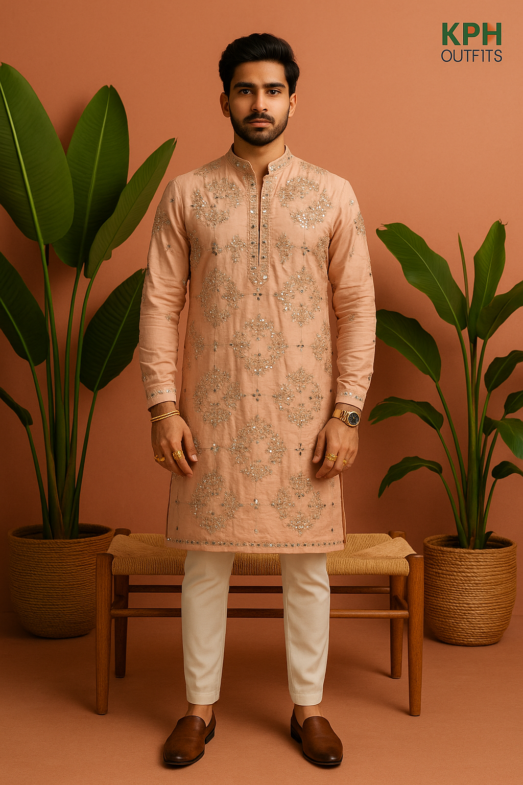 Groom wearing Peach Real Mirror Work Kurta Set with silk fabric
