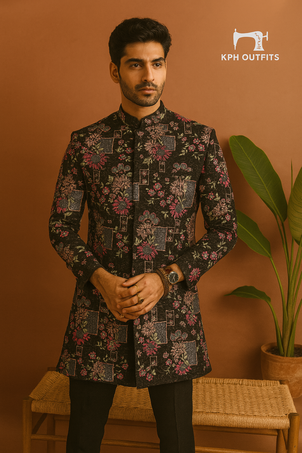 Groom wearing black velvet multi-colour embroidered Indo-western set
